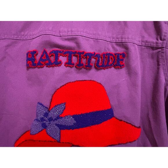 Womens Purple Denim Jacket Coat Red Hat Unique 3D chenille Glam Hattitude sz 26 - Picture 7 of 11